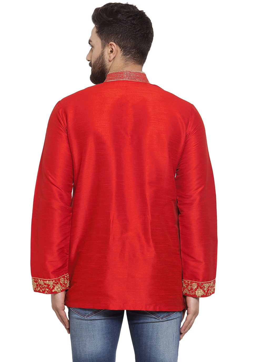 Machine Embroidery Dupion Silk Red Short Kurta - M5721