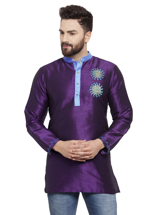 Machine Embroidery Dupion Silk Violet Short Kurta - M5718
