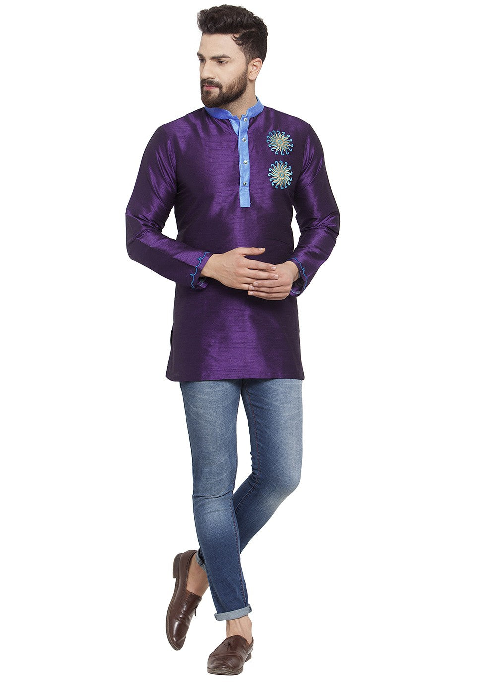 Machine Embroidery Dupion Silk Violet Short Kurta - M5718