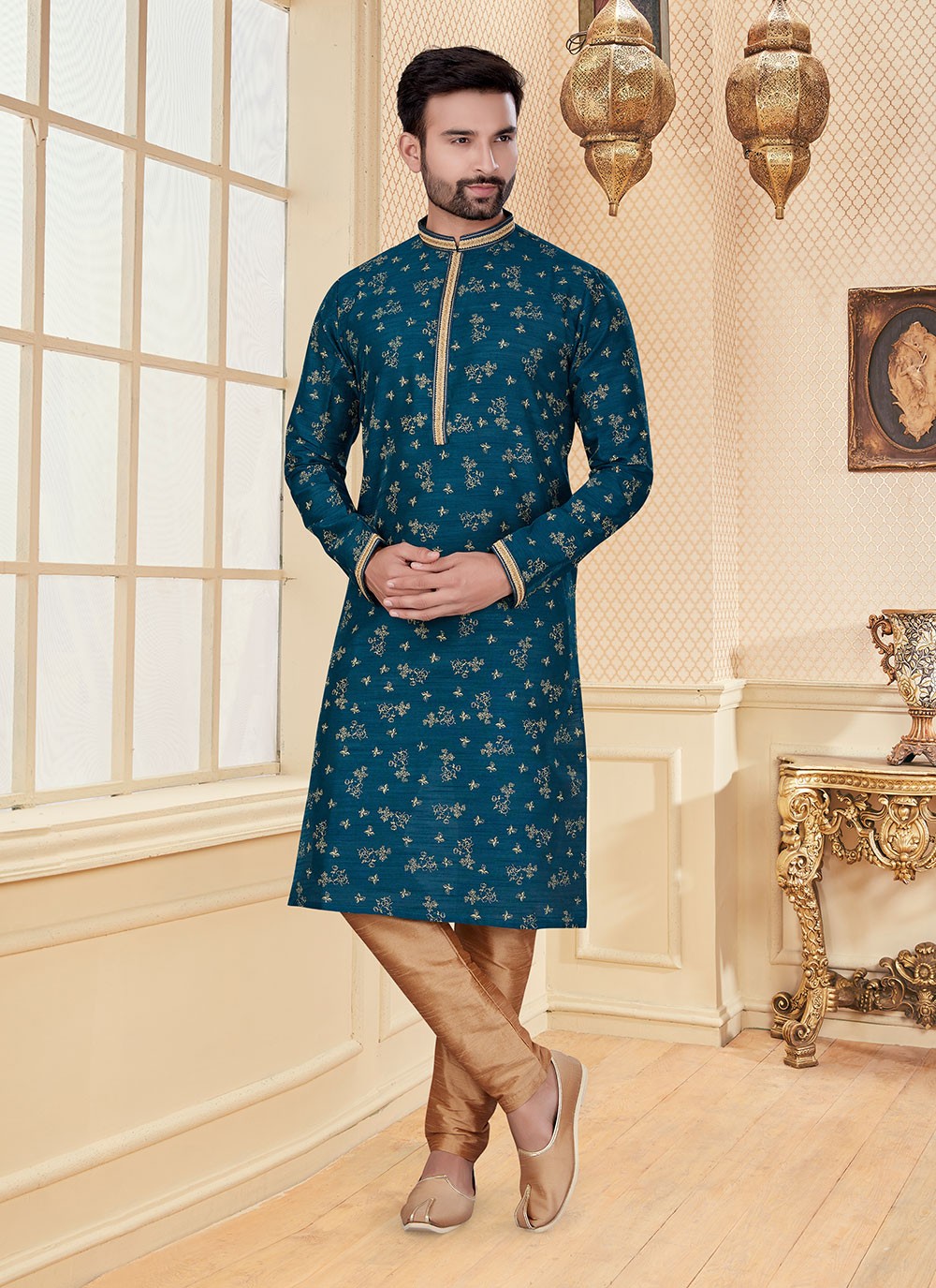 Thread Dupion Silk Teal Kurta - M5604