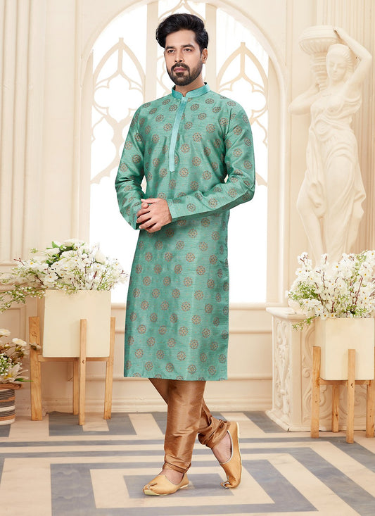 Printed Dupion Silk Green Kurta - M5584