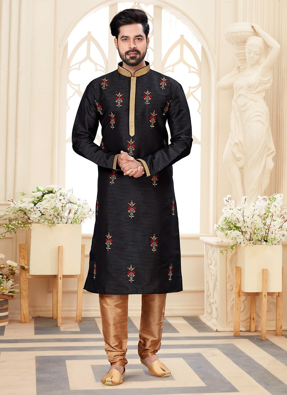 Embroidered Dupion Silk Black Kurta - M5581