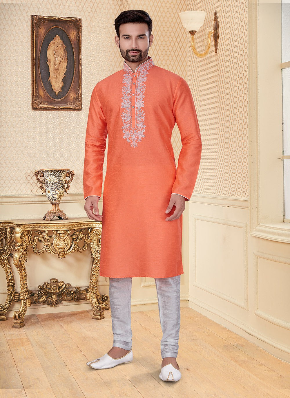 Thread Dupion Silk Orange Kurta - M5607