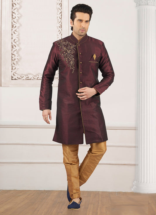 Embroidered Dupion Silk Wine Indo Western - M6379