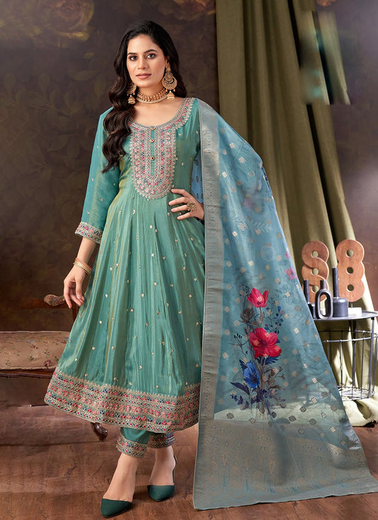 Anarkali Embroidered Sea Green Silk T5217