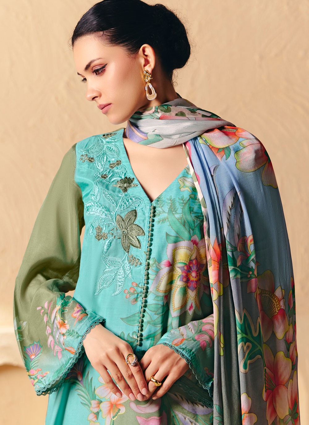 Pant Style Suit Digital Print, Embroidered, Patch, Resham Aqua Blue T8291