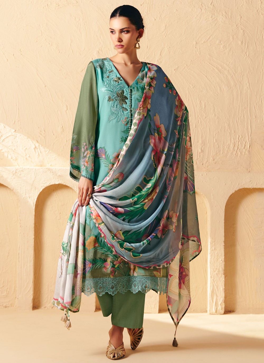 Pant Style Suit Digital Print, Embroidered, Patch, Resham Aqua Blue T8291