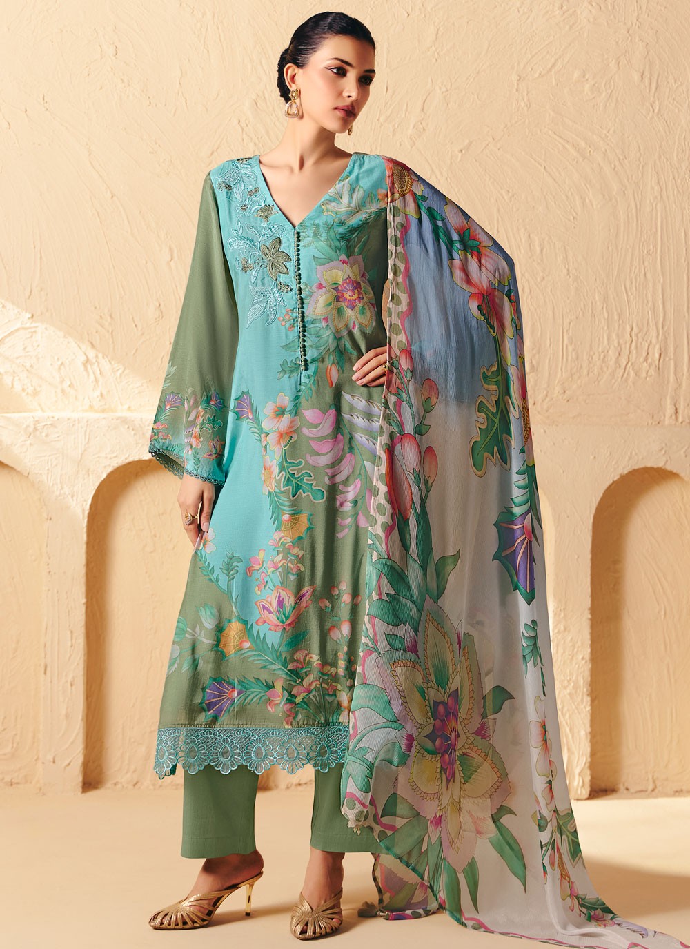 Pant Style Suit Digital Print, Embroidered, Patch, Resham Aqua Blue T8291