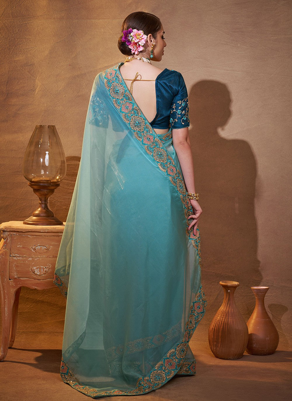 Embroidered Organza Aqua Blue Saree S14379