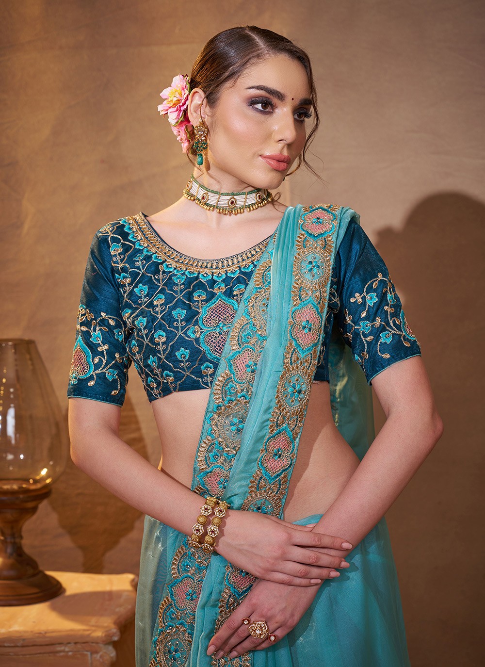 Embroidered Organza Aqua Blue Saree S14379