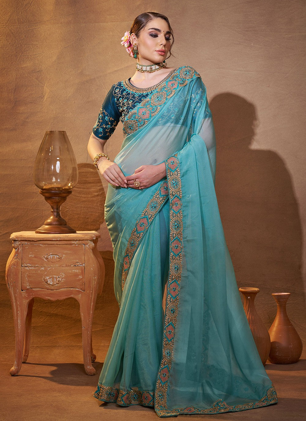 Embroidered Organza Aqua Blue Saree S14379