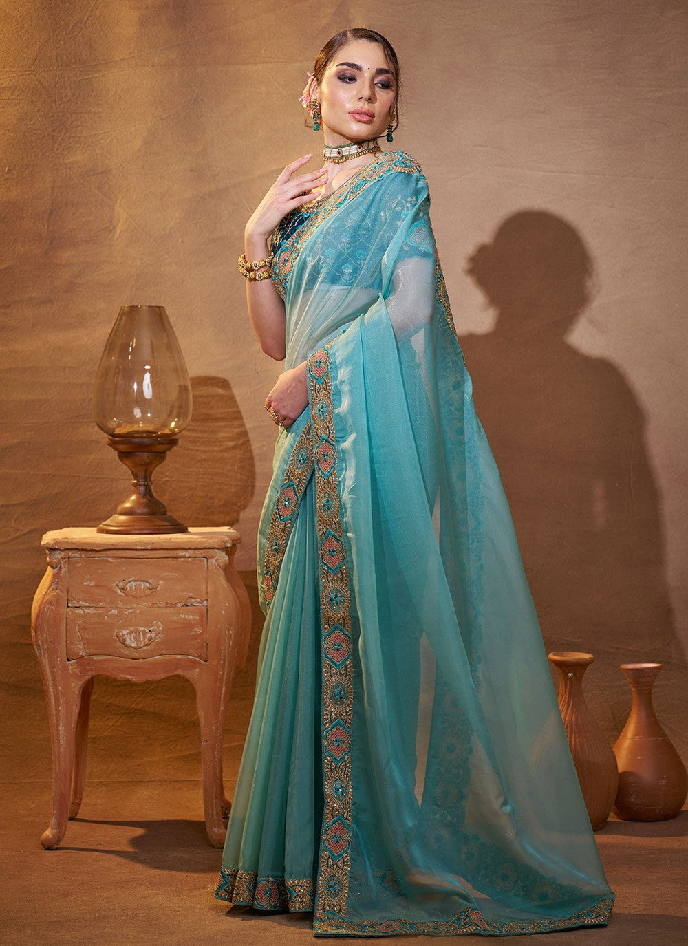 Embroidered Organza Aqua Blue Saree S14379