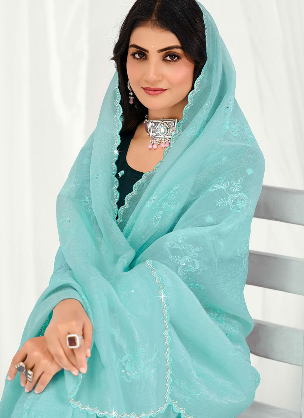 Aqua Blue Silk Trendy Saree Embroidered S20510