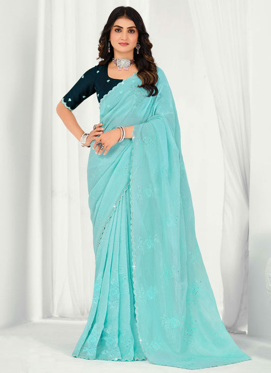 Aqua Blue Silk Trendy Saree Embroidered S20510