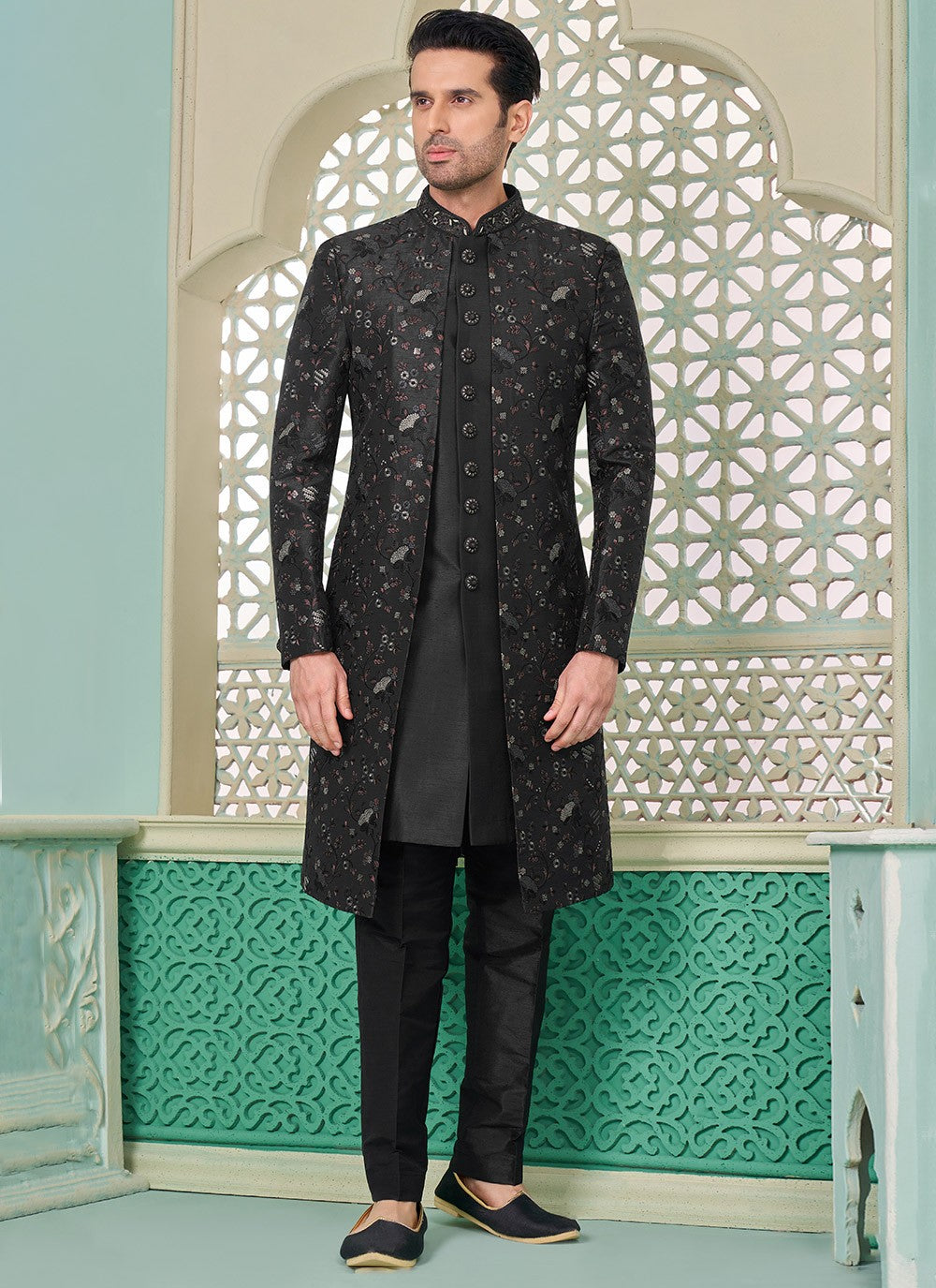 Embroidered Banarasi Silk Black Indo Western - M7295