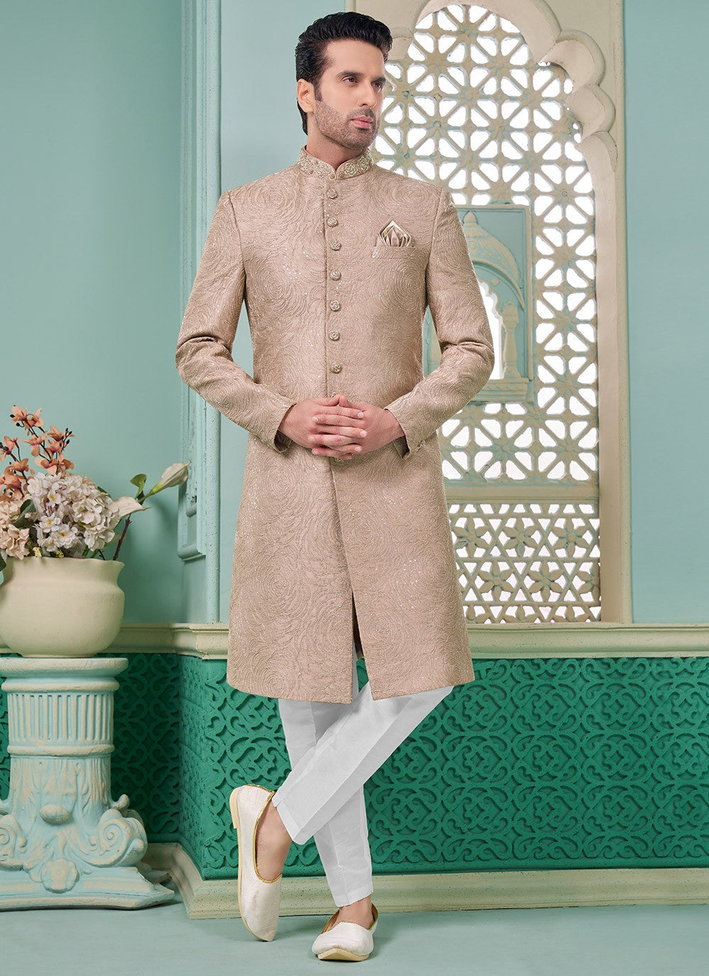 Embroidered Banarasi Silk Pink Indo Western - M7286