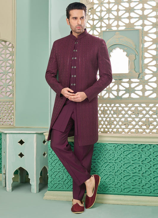 Embroidered Banarasi Silk Wine Indo Western - M7291