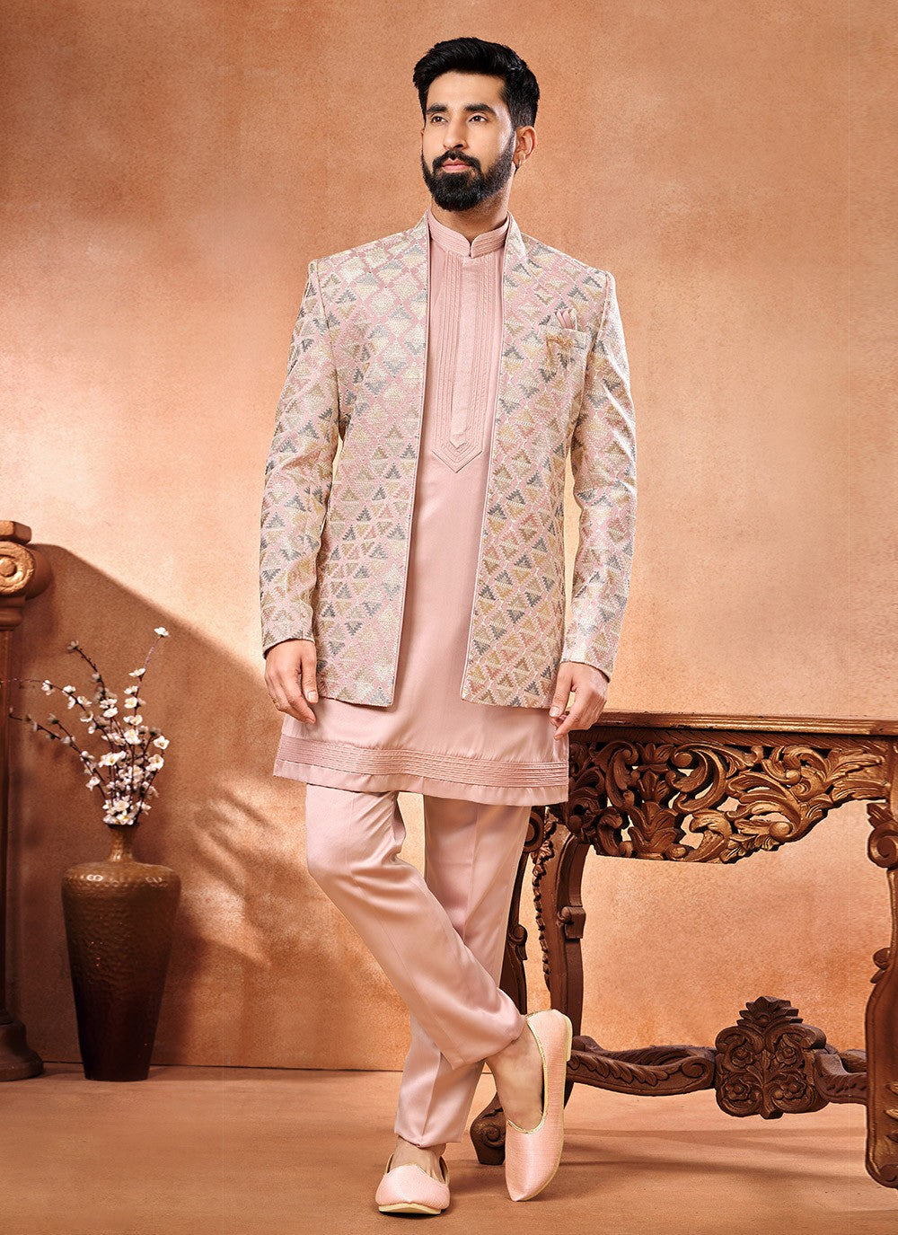 Embroidered Banarasi Silk Multi Colour, Pink Jodhpuri Suit - M6664
