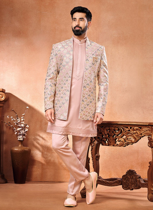 Embroidered Banarasi Silk Multi Colour, Pink Jodhpuri Suit - M6664