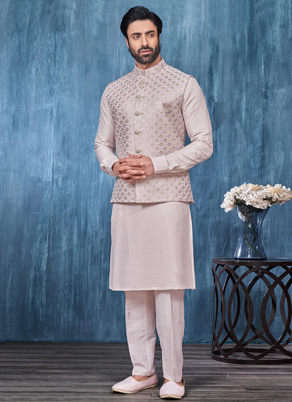 Embroidered Banarasi Silk Beige Kurta Payjama With Jacket - M6412