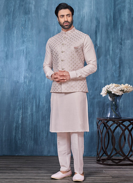 Embroidered Banarasi Silk Beige Kurta Payjama With Jacket - M6412