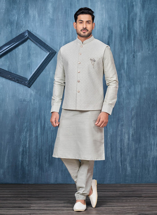 Embroidered Banarasi Silk Grey Kurta Payjama With Jacket - M6308