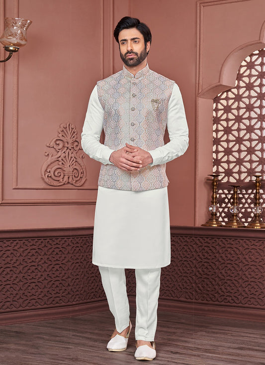Embroidered Banarasi Silk Multi Colour, White Kurta Payjama With Jacket - M6332