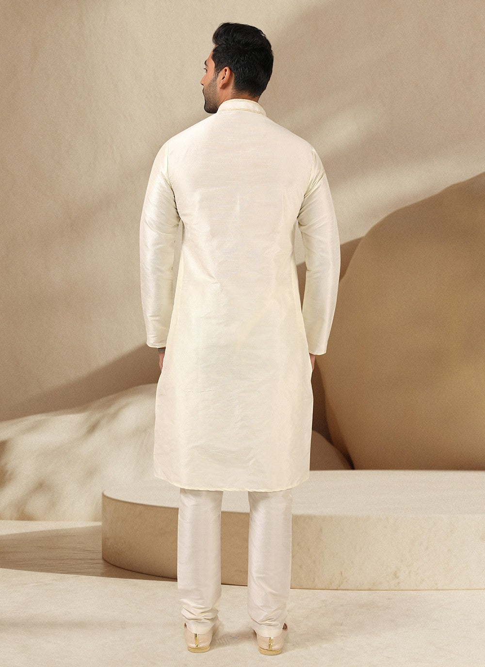 Embroidered Banarasi Silk Off White Kurta Pyjama - M3249