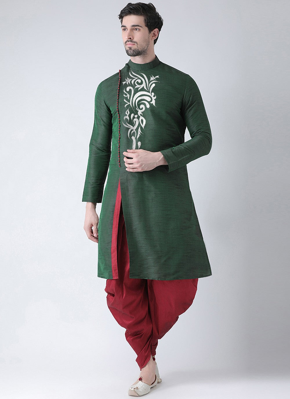 Embroidered Art Dupion Silk Green Angrakha - M3498