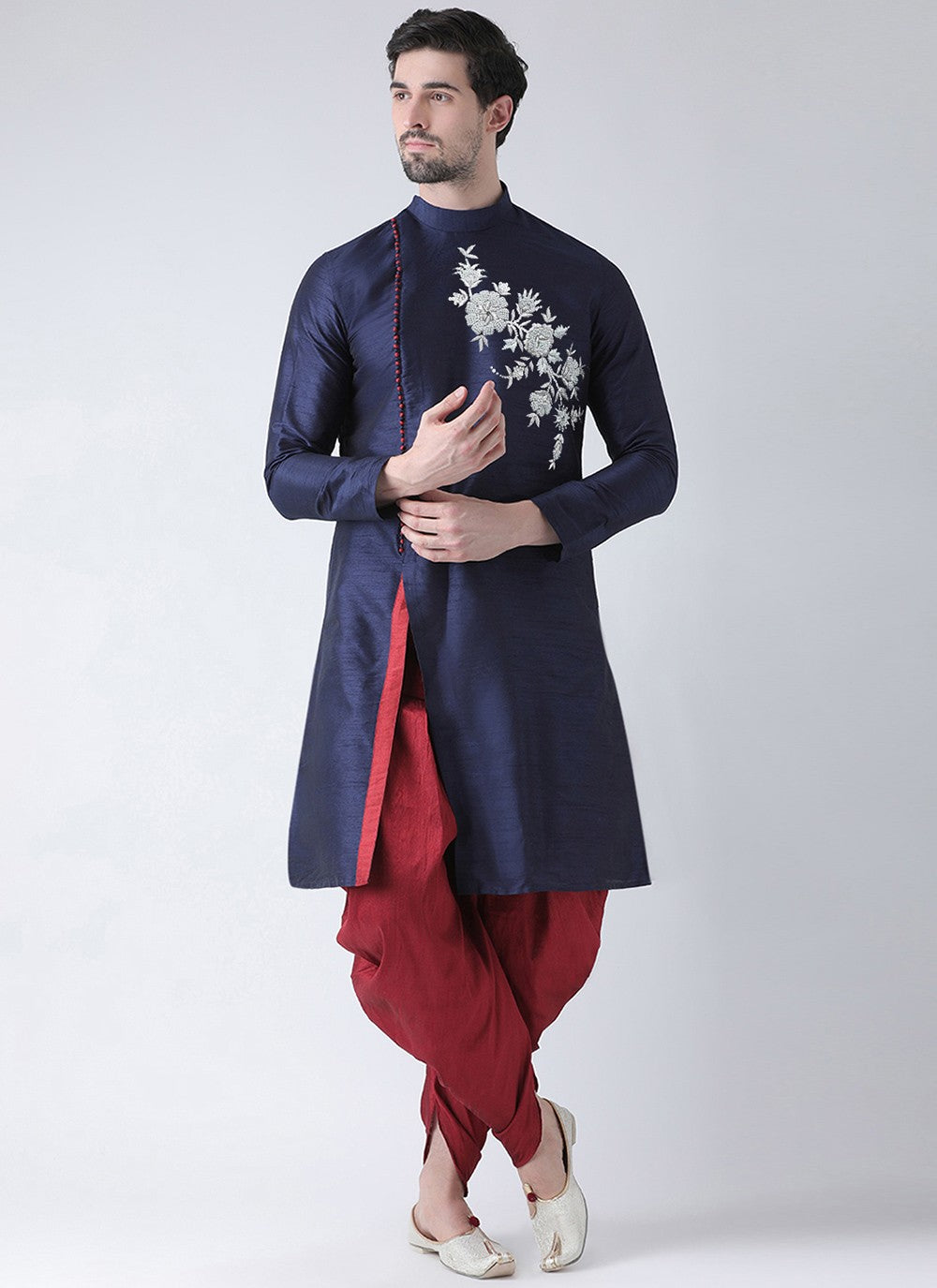 Embroidered Art Dupion Silk Navy Blue Angrakha - M3489