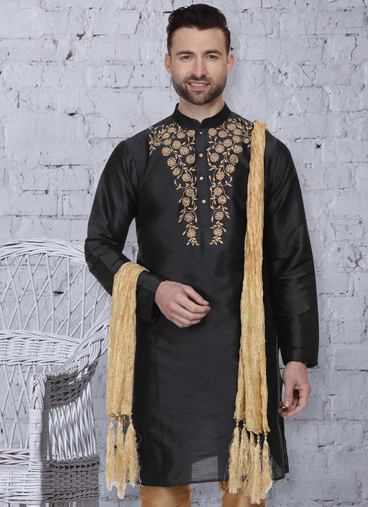 Embroidered Art Dupion Silk Black Kurta - M1477