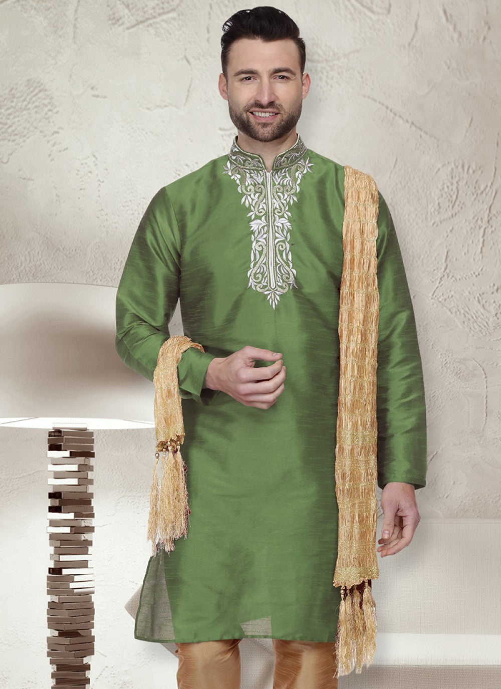 Embroidered Art Dupion Silk Green Kurta - M1464