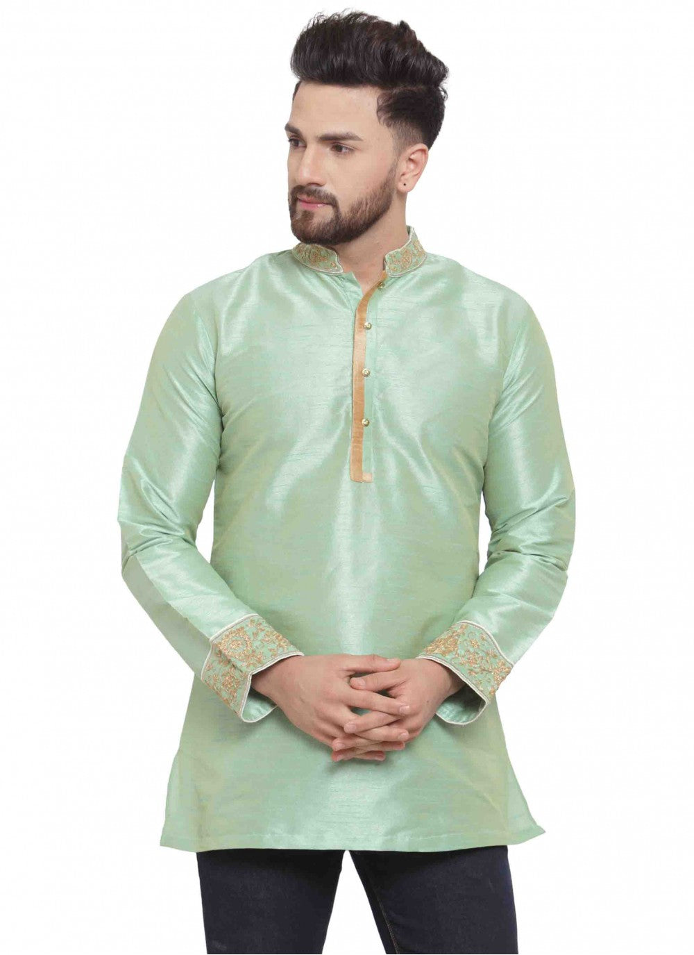 Embroidered Art Dupion Silk Green Kurta - M1700