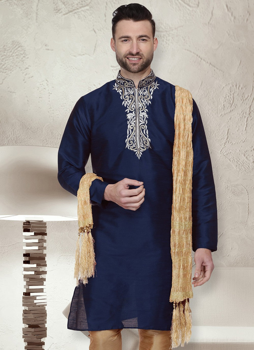 Embroidered Art Dupion Silk Navy Blue Kurta - M1463