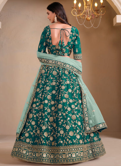 Embroidered Art Silk Green Lehenga - L3304
