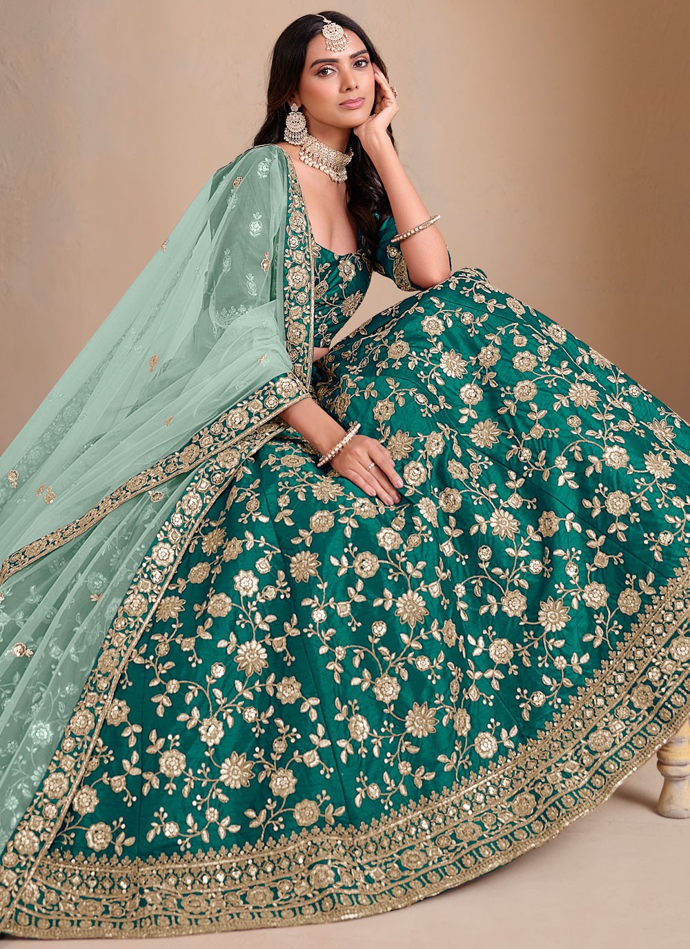 Embroidered Art Silk Green Lehenga - L3304