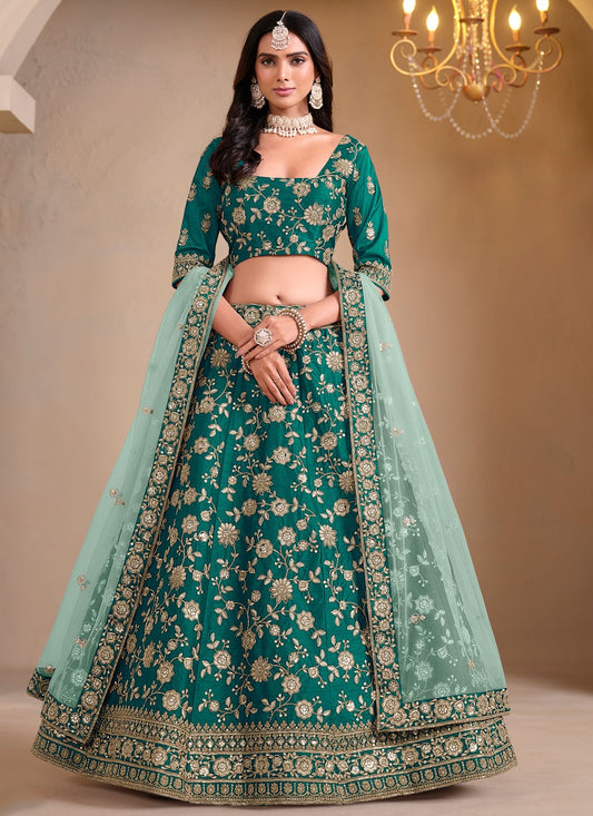 Embroidered Art Silk Green Lehenga - L3304