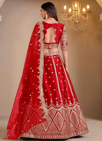 Embroidered Art Silk Red Lehenga Choli L3495