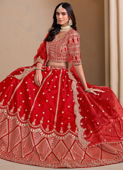 Embroidered Art Silk Red Lehenga Choli L3495
