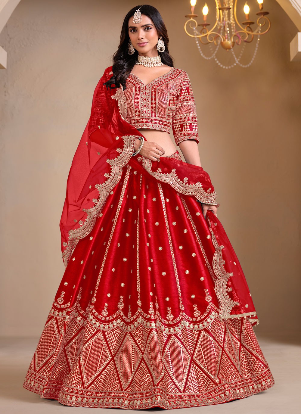 Embroidered Art Silk Red Lehenga Choli L3495