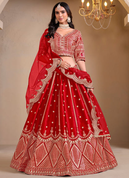 Embroidered Art Silk Red Lehenga Choli L3495