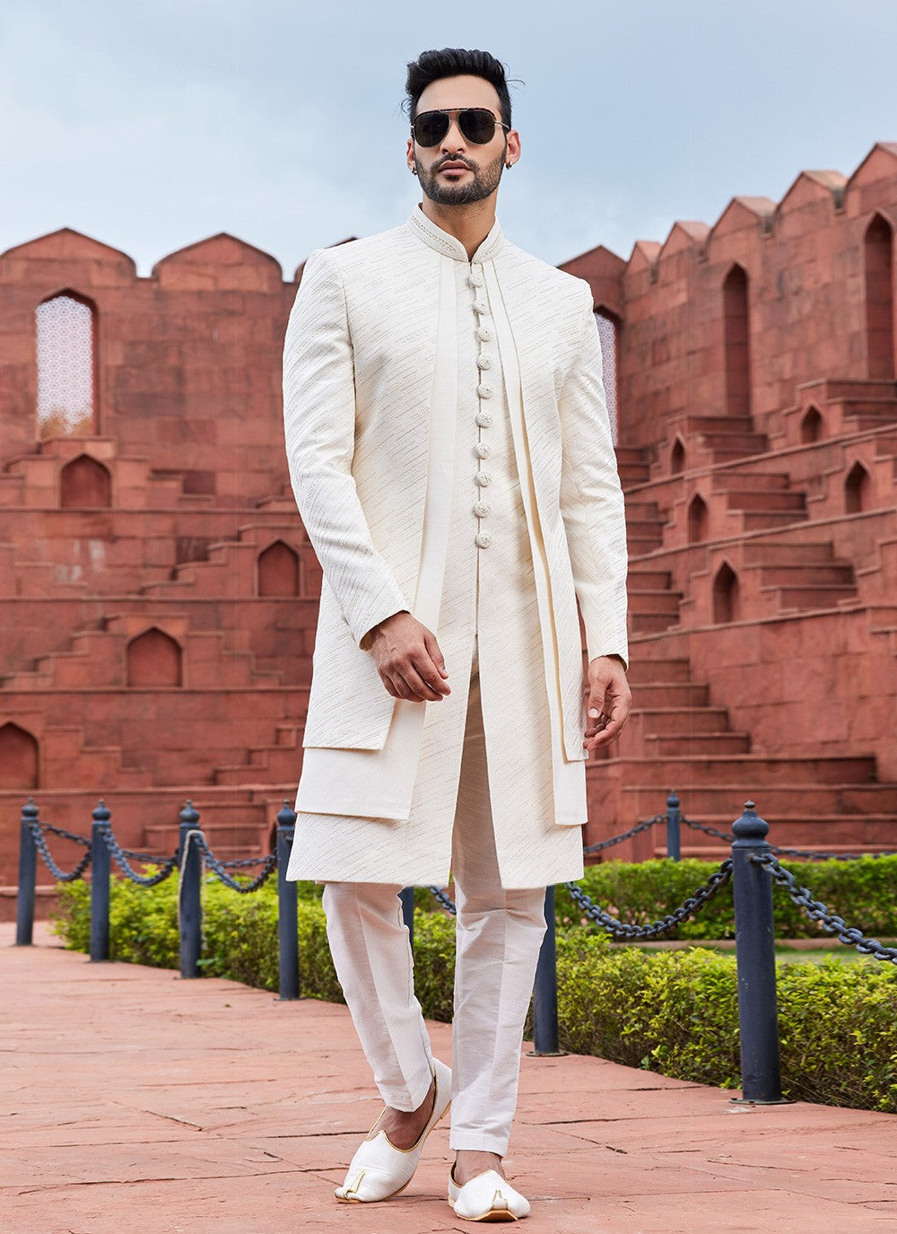Embroidered Art Silk Cream Indo Western Sherwani - M6149
