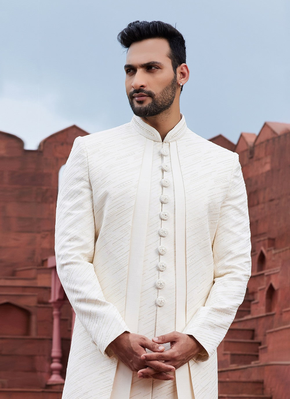 Embroidered Art Silk Cream Indo Western Sherwani - M6149