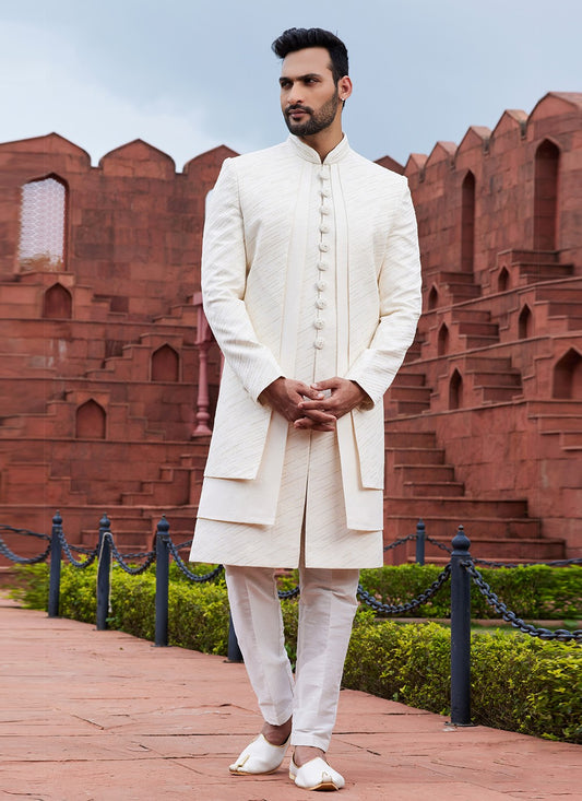 Embroidered Art Silk Cream Indo Western Sherwani - M6149