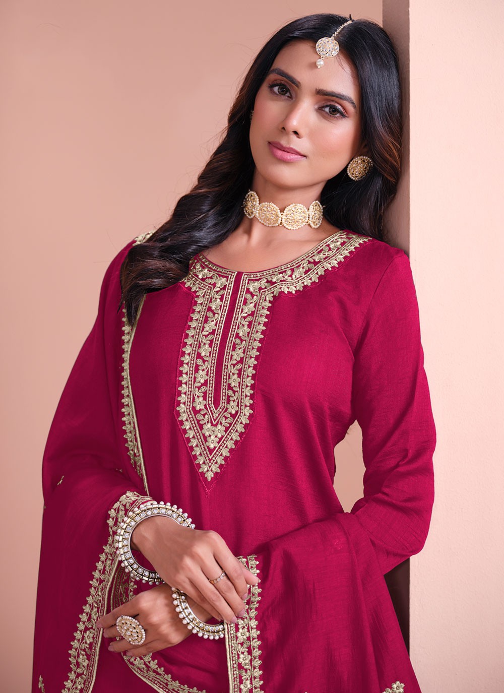 Embroidered Art Silk Hot Pink Salwar Suit T5992