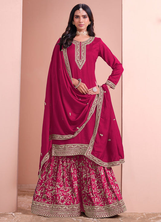 Embroidered Art Silk Hot Pink Salwar Suit T5992
