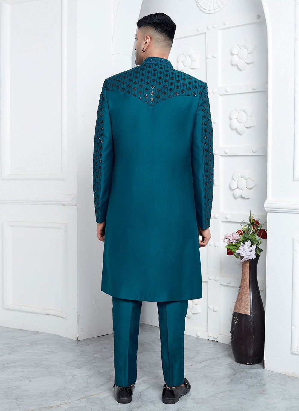 Embroidered Art Silk Teal Sherwani - M8247