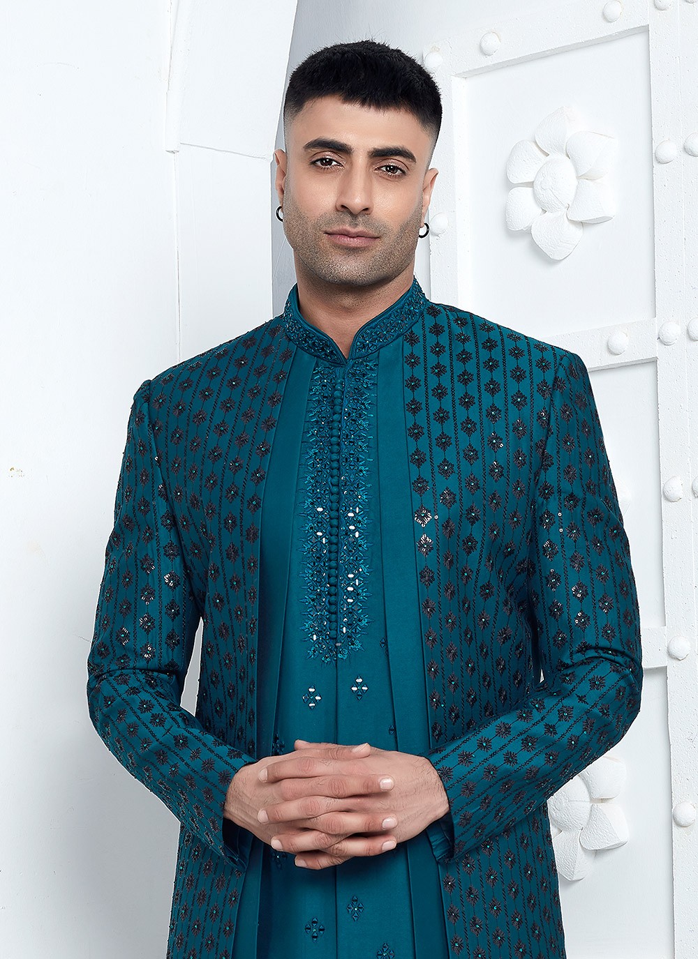 Embroidered Art Silk Teal Sherwani - M8247