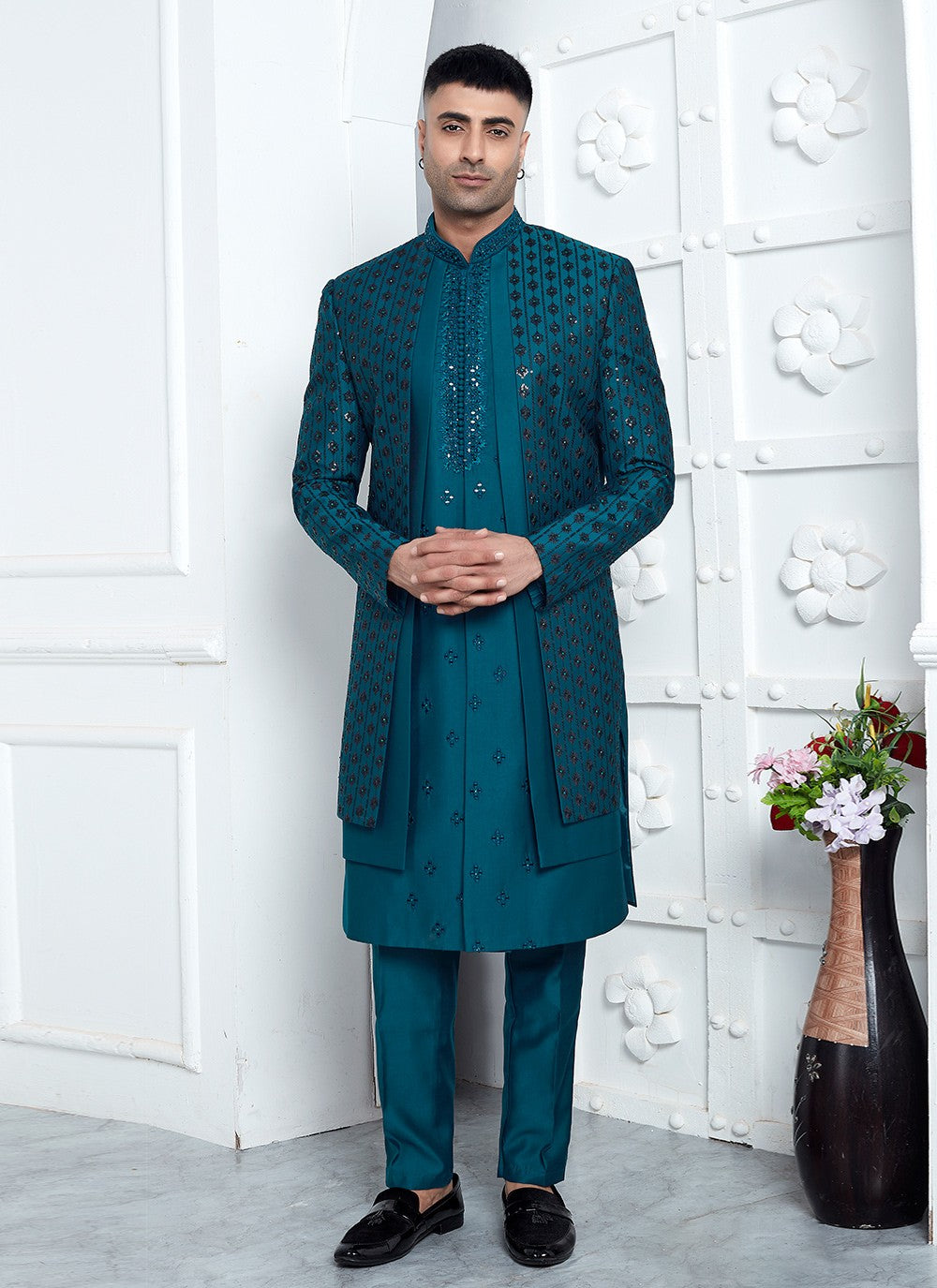 Embroidered Art Silk Teal Sherwani - M8247