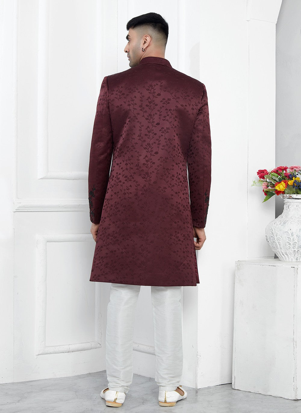 Embroidered Art Silk Wine Sherwani - M7462